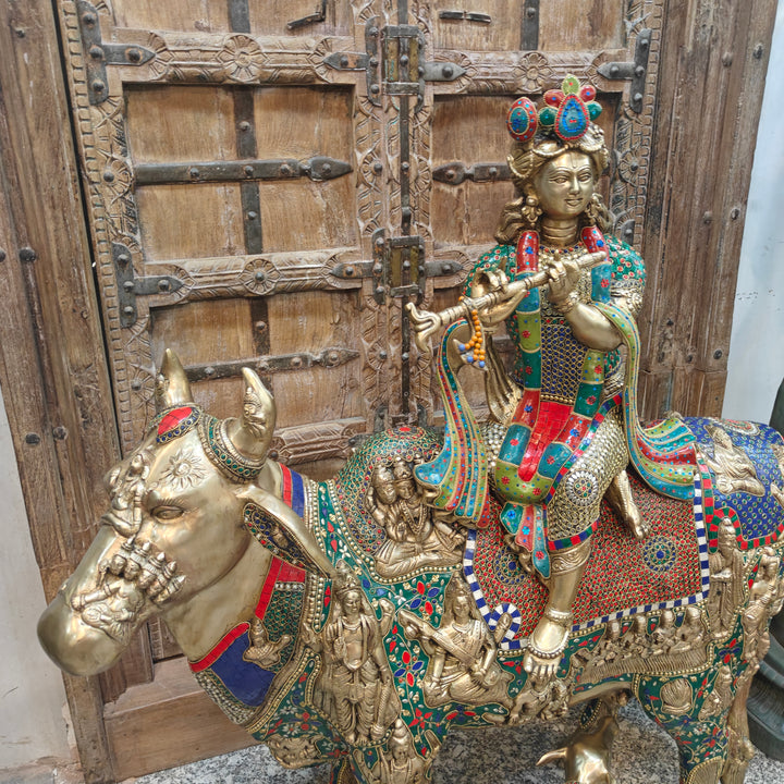 Brass Large Krishna Idol Seated On Cow Stone Work 43 Inches
