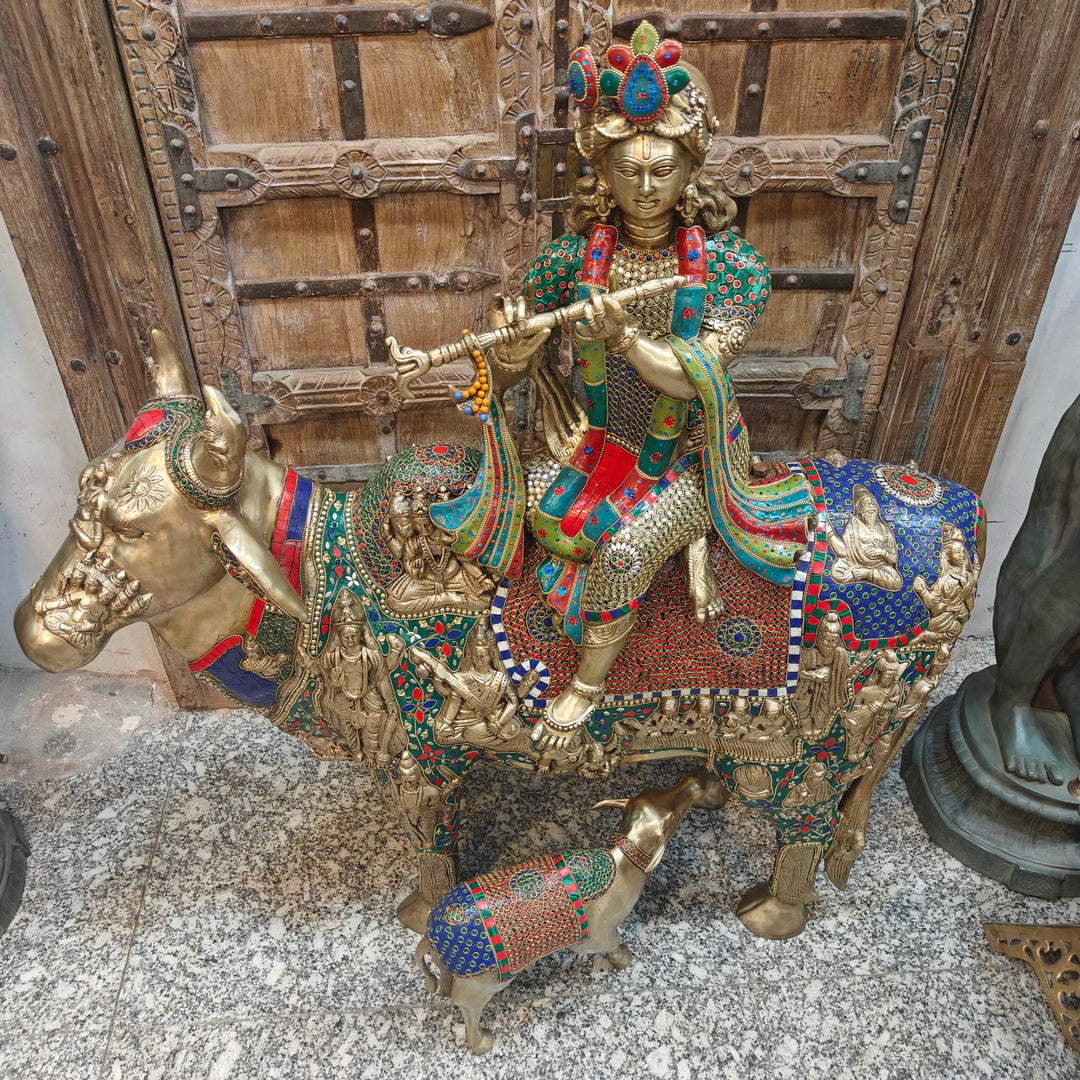 Brass Large Krishna Idol Seated On Cow Stone Work 43 Inches