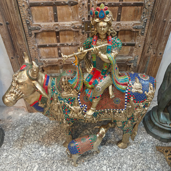 Brass Large Krishna Idol Seated On Cow Stone Work 43 Inches