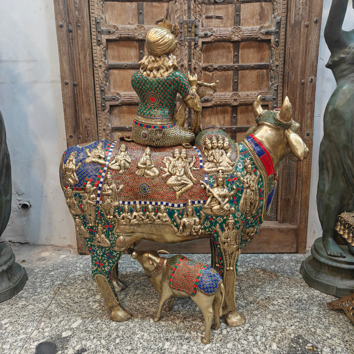 Brass Large Krishna Idol Seated On Cow Stone Work 43 Inches