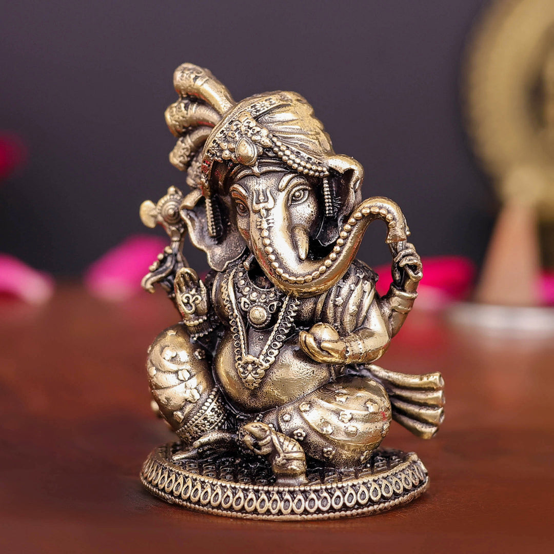 Brass Superfine Small Ganesha Idol Wearing a Turban 2 Inch