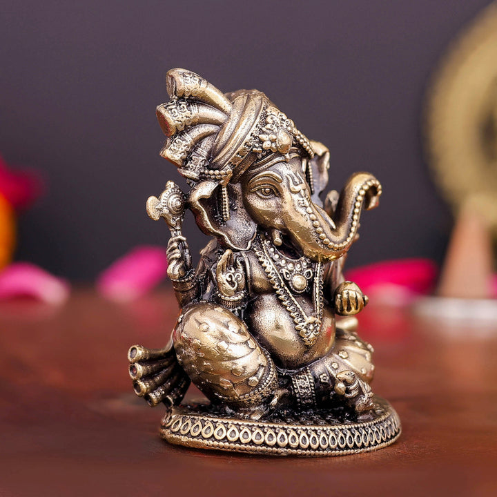 Brass Superfine Small Ganesha Idol Wearing a Turban 2 Inch