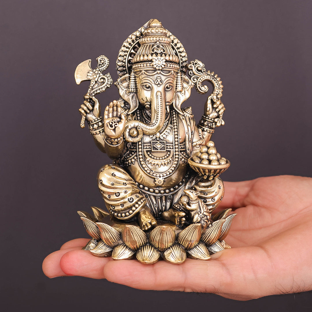 Brass Superfine Right Trunk Ganesha Idol Seated on Lotus 5 Inch