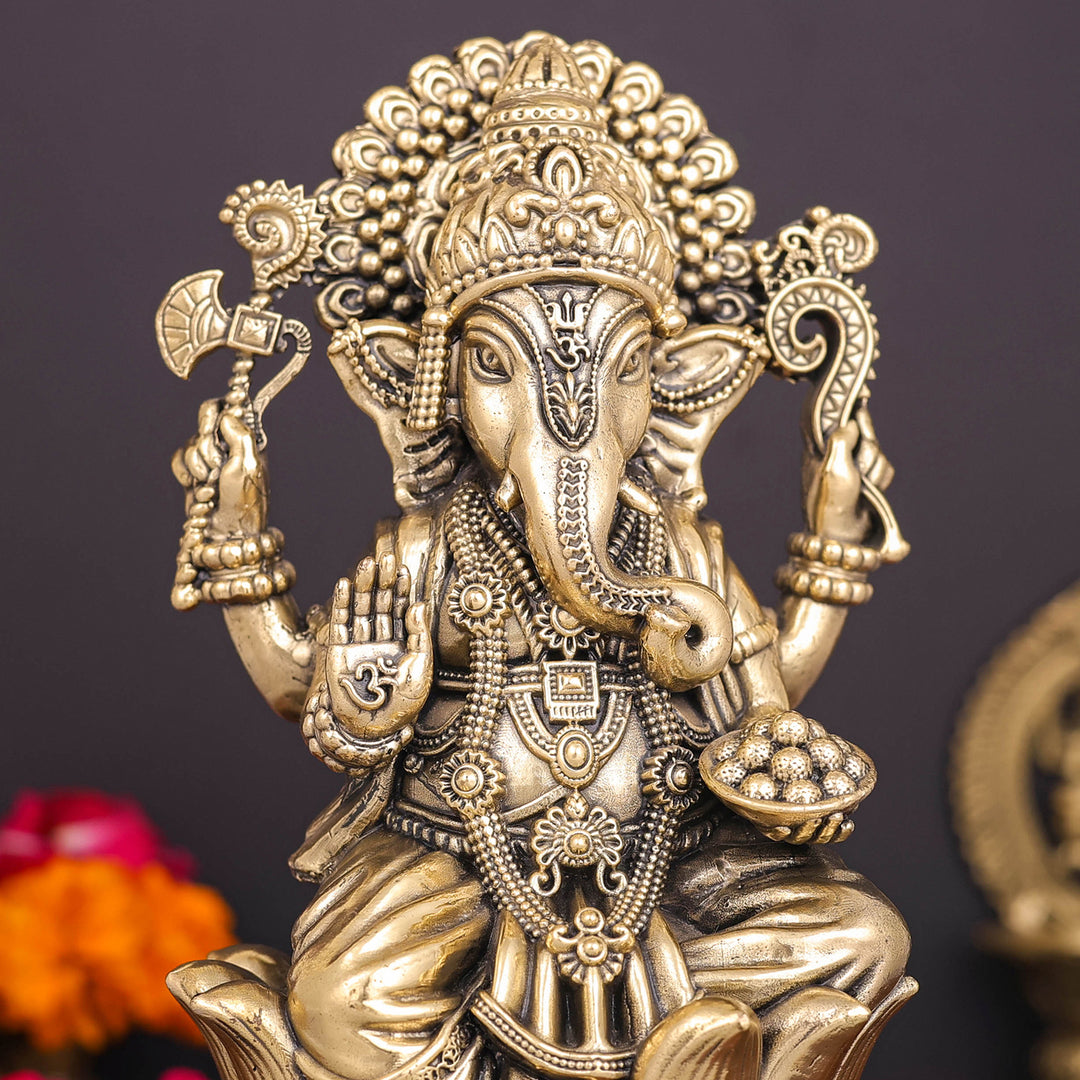 Brass Superfine Ganesha Idol Seated on Lotus 6 Inch