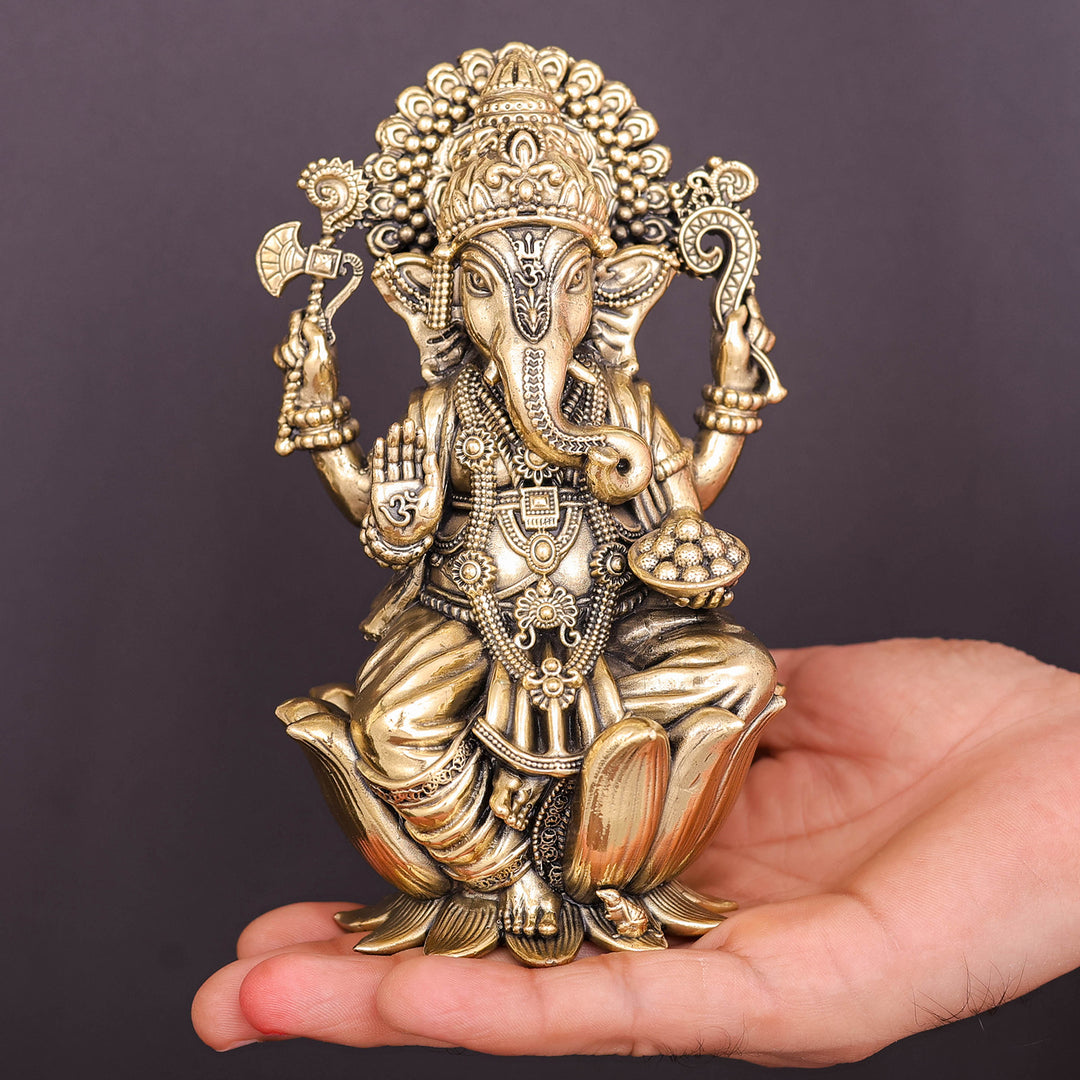 Brass Superfine Ganesha Idol Seated on Lotus 6 Inch