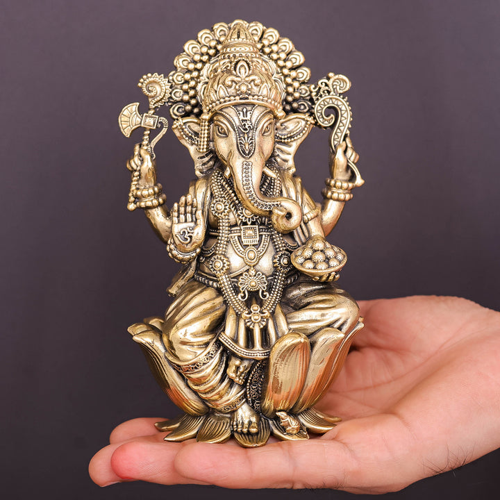 Brass Superfine Ganesha Idol Seated on Lotus 6 Inch