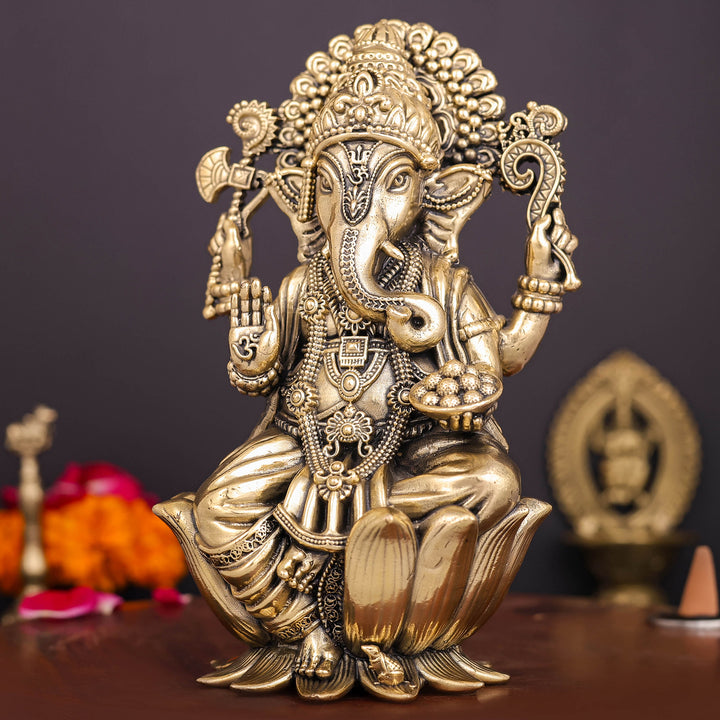 Brass Superfine Ganesha Idol Seated on Lotus 6 Inch
