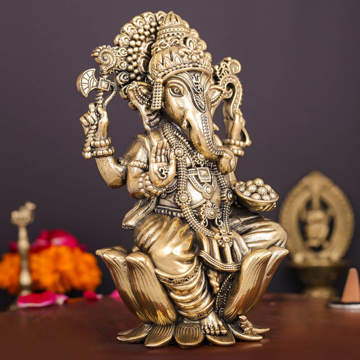 Brass Superfine Ganesha Idol Seated on Lotus 6 Inch