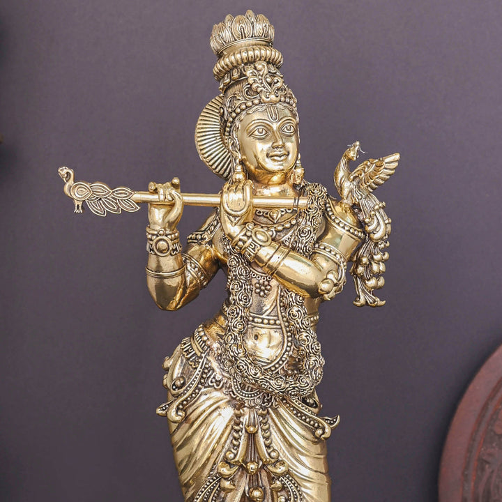 Brass Superfine Lord Krishna Idol Enhanced Carvings 13.5 Inch