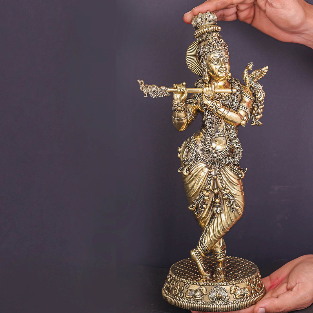 Brass Superfine Lord Krishna Idol Enhanced Carvings 13.5 Inch