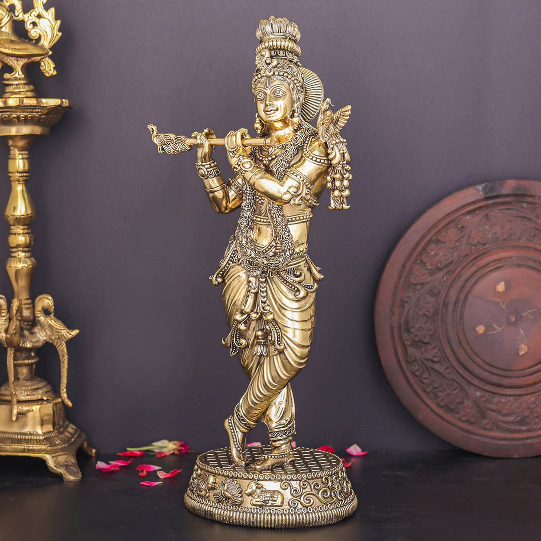 Brass Superfine Lord Krishna Idol Enhanced Carvings 13.5 Inch