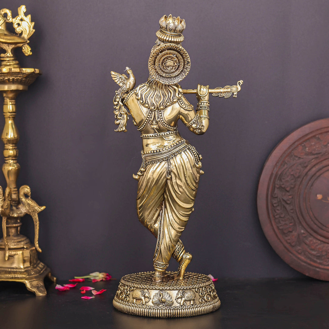 Brass Superfine Lord Krishna Idol Enhanced Carvings 13.5 Inch