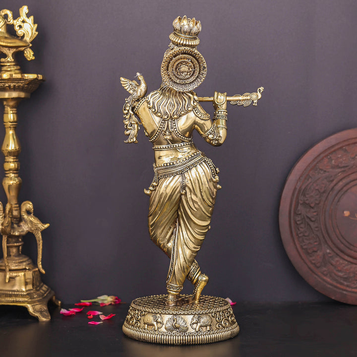 Brass Superfine Lord Krishna Idol Enhanced Carvings 13.5 Inch