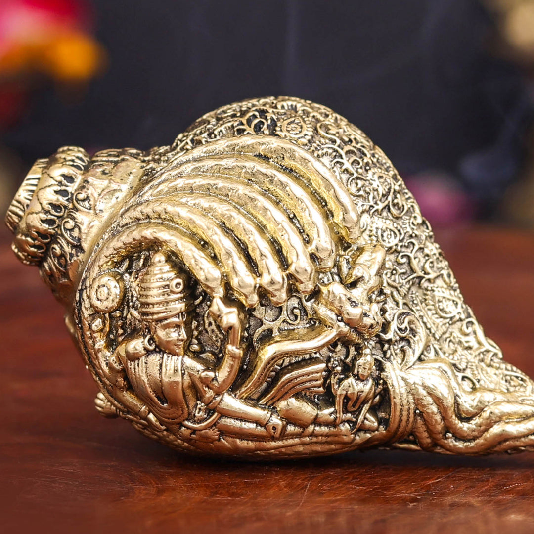 Brass Superfine Sculpture Shankh Cooch Vishnu Lakshmi Engraved Showpiece 3 Inch