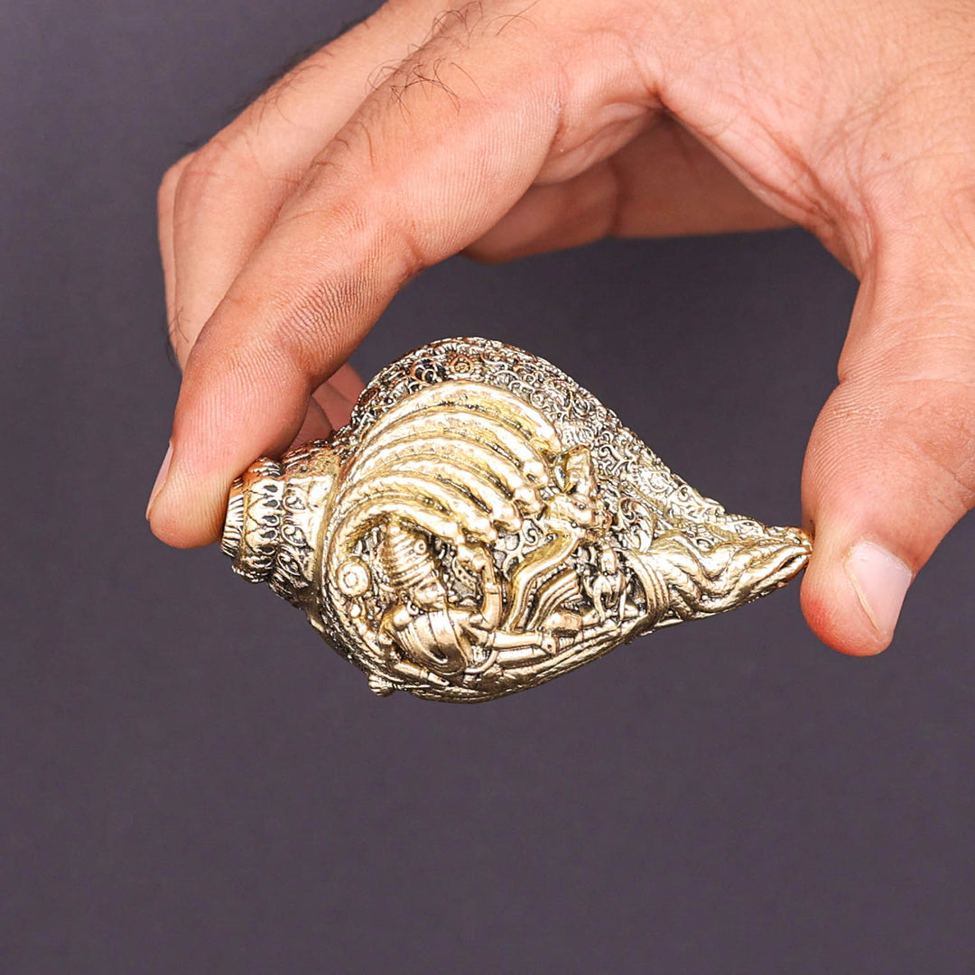 Brass Superfine Sculpture Shankh Cooch Vishnu Lakshmi Engraved Showpiece 3 Inch