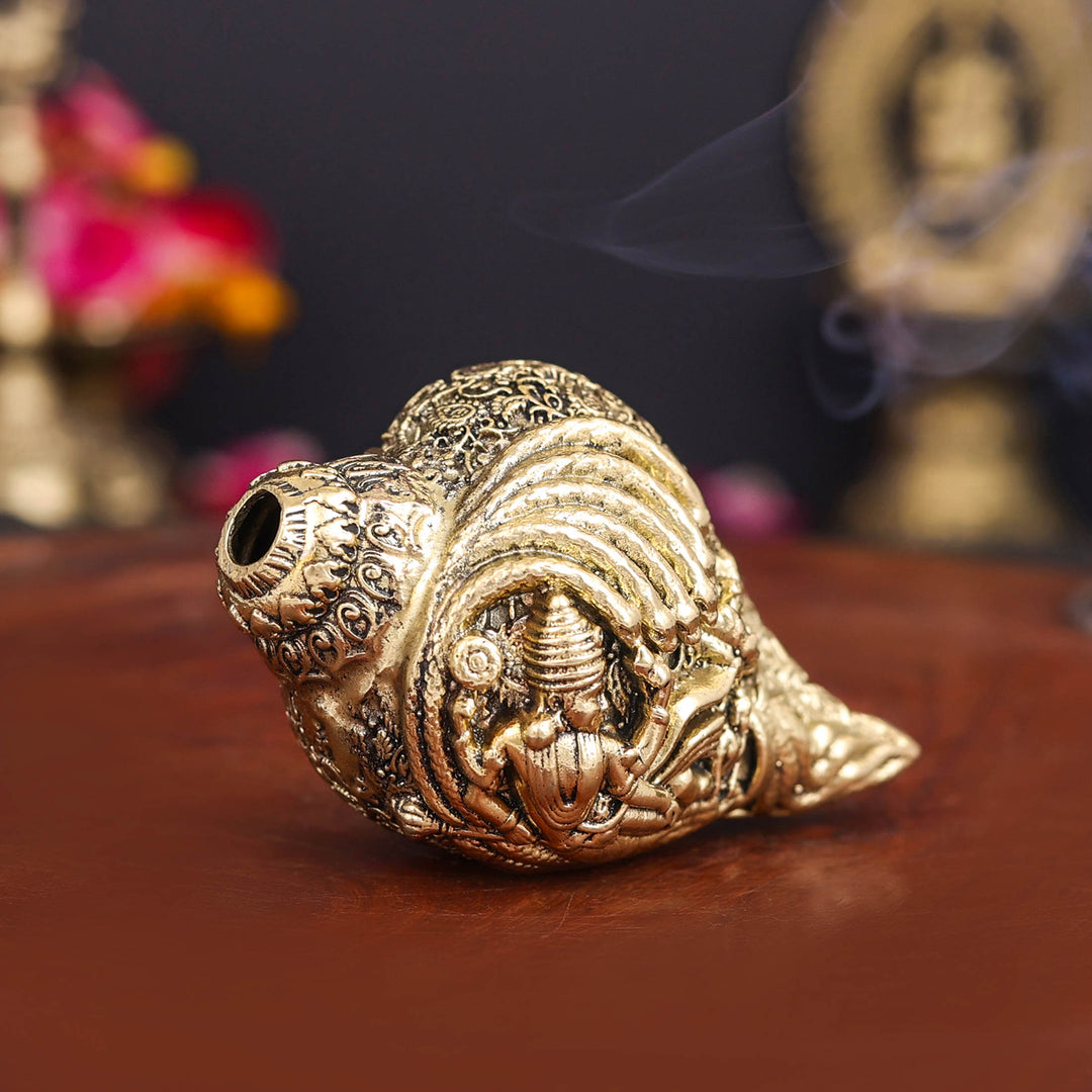 Brass Superfine Sculpture Shankh Cooch Vishnu Lakshmi Engraved Showpiece 3 Inch