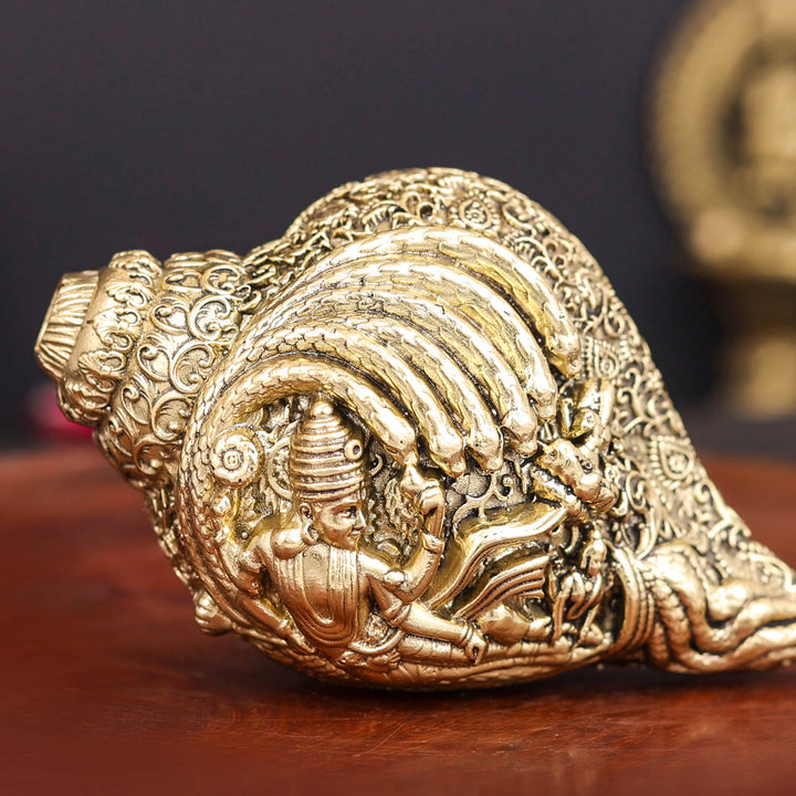 Brass Superfine Sculpture Shankh Cooch Vishnu Lakshmi Engraved Showpiece 4 Inch