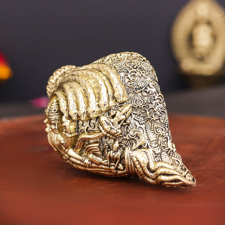 Brass Superfine Sculpture Shankh Cooch Vishnu Lakshmi Engraved Showpiece 4 Inch