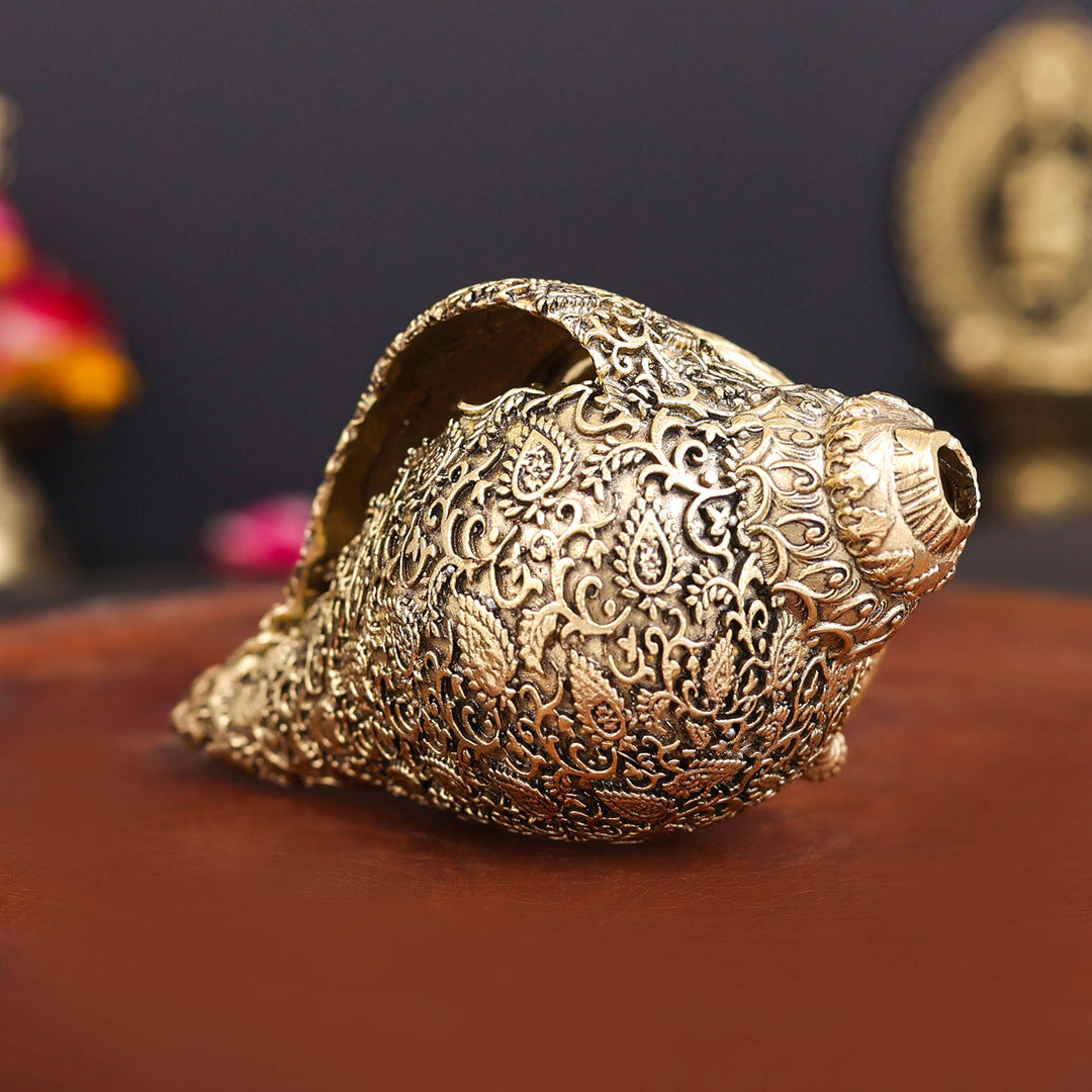 Brass Superfine Sculpture Shankh Cooch Vishnu Lakshmi Engraved Showpiece 4 Inch