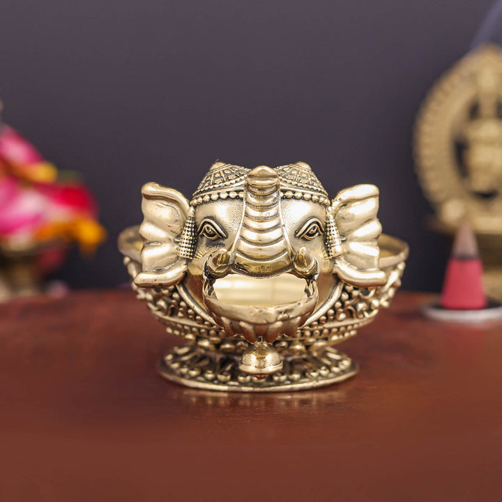 Brass Superfine Elephant Face Design Diya Oil Lamp 4 Inch