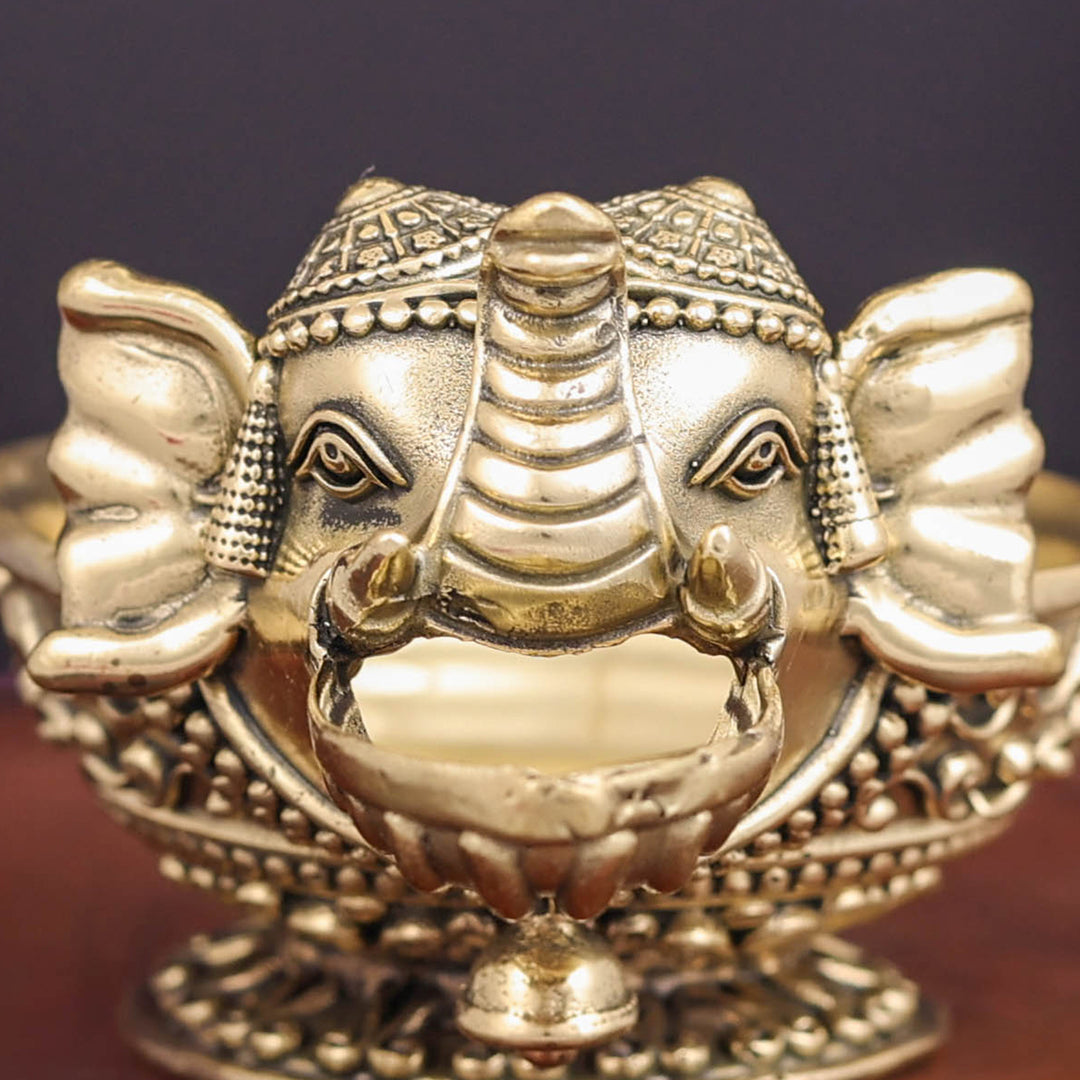 Brass Superfine Elephant Face Design Diya Oil Lamp 4 Inch