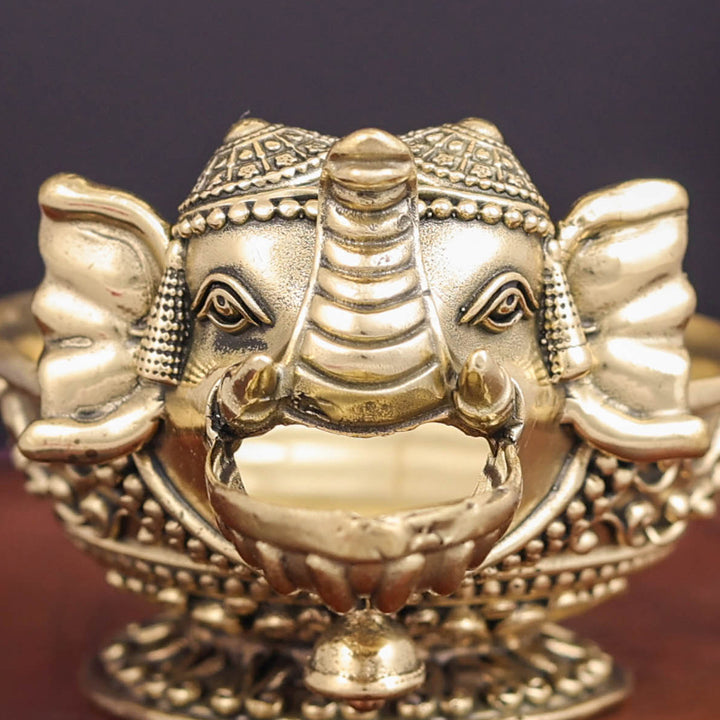 Brass Superfine Elephant Face Design Diya Oil Lamp 4 Inch