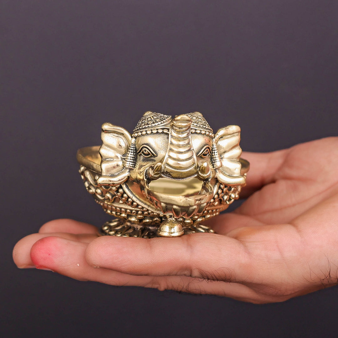 Brass Superfine Elephant Face Design Diya Oil Lamp 4 Inch