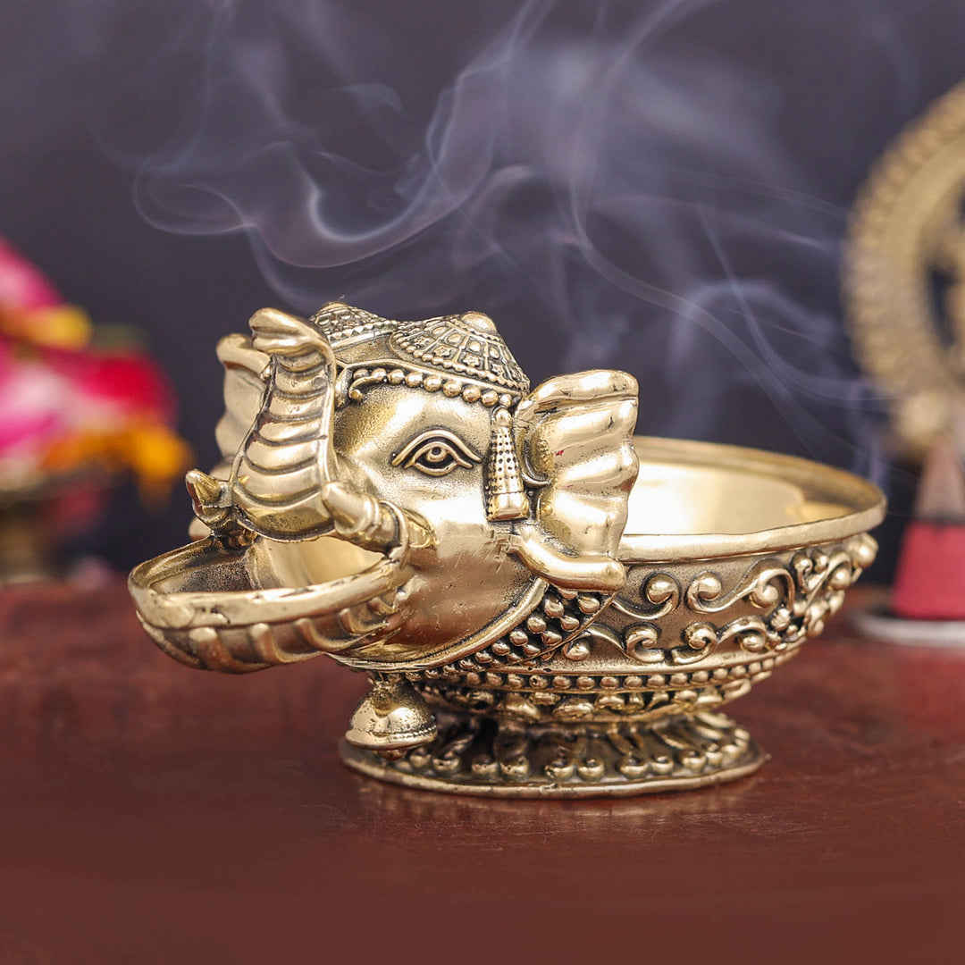 Brass Superfine Elephant Face Design Diya Oil Lamp 4 Inch