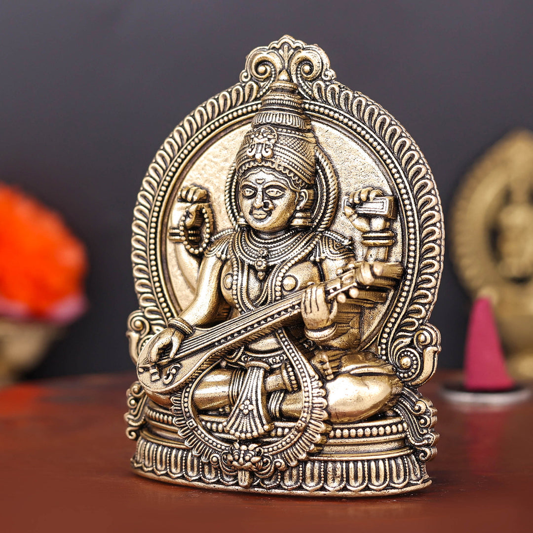 Brass Superfine Goddess Saraswati Idol 4 Inch
