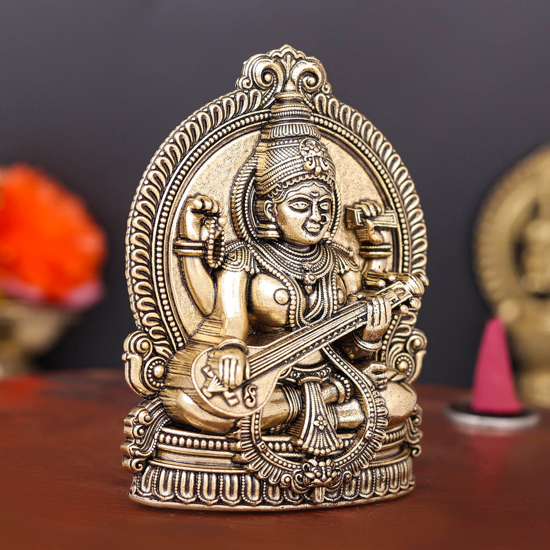Brass Superfine Goddess Saraswati Idol 4 Inch