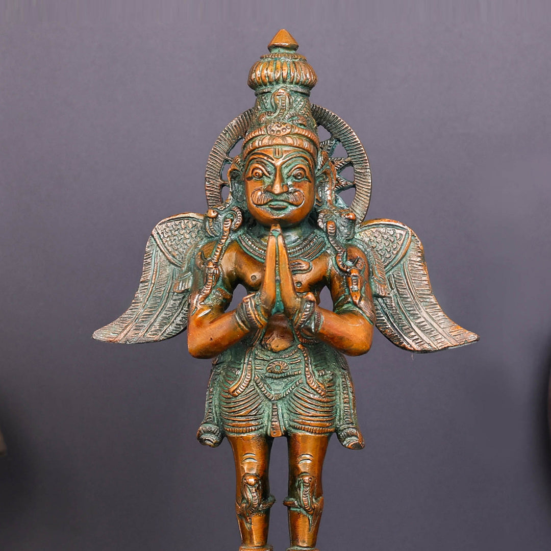 Brass Standing Garuda Idol Vishnu Vahana Orange Patina Finish 12 Inch