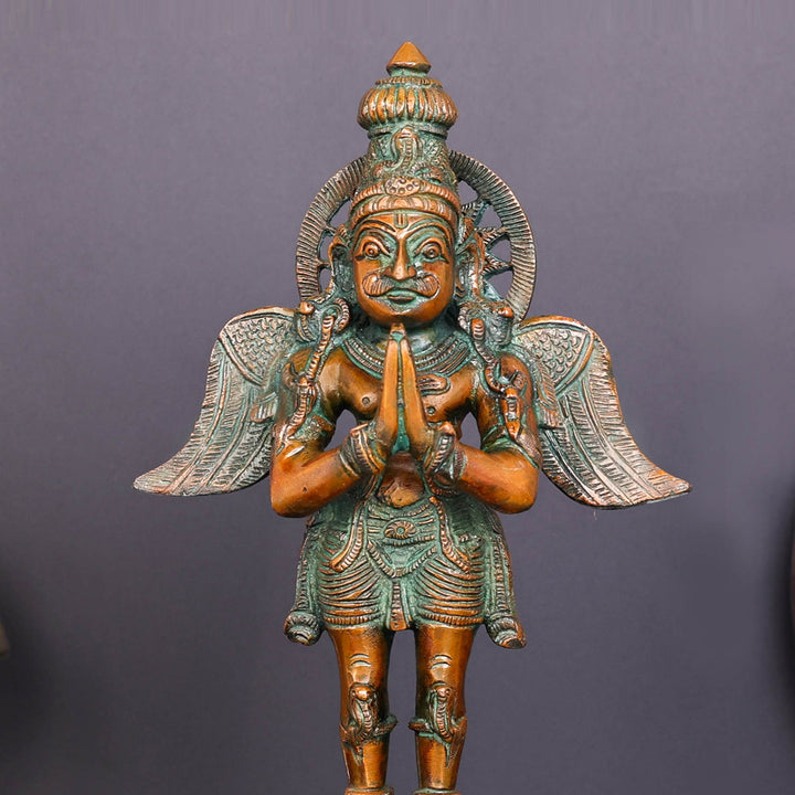 Brass Standing Garuda Idol Vishnu Vahana Orange Patina Finish 12 Inch
