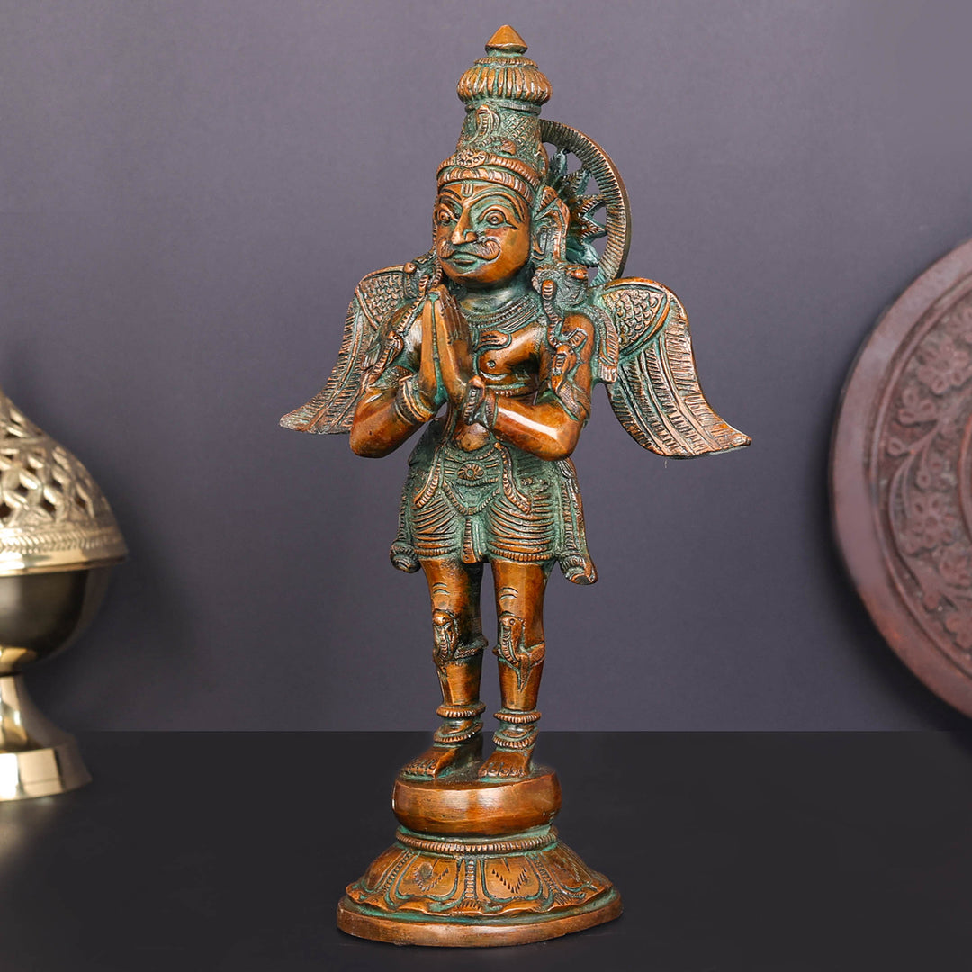 Brass Standing Garuda Idol Vishnu Vahana Orange Patina Finish 12 Inch