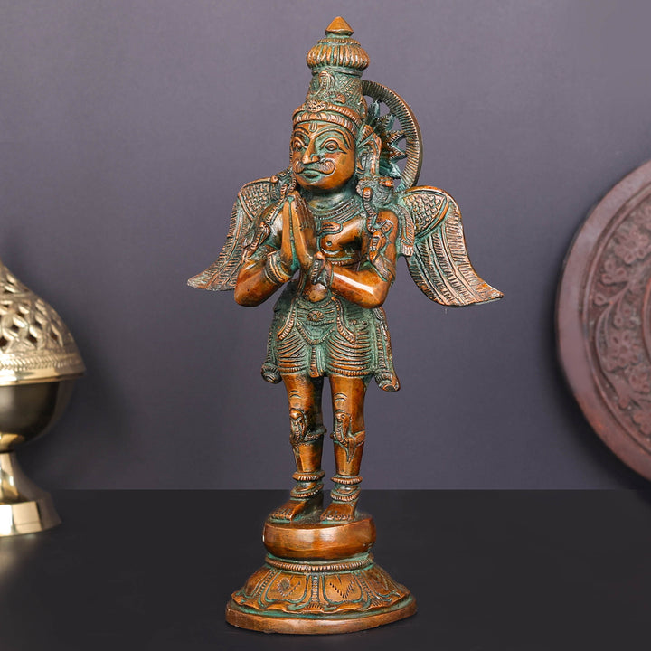 Brass Standing Garuda Idol Vishnu Vahana Orange Patina Finish 12 Inch