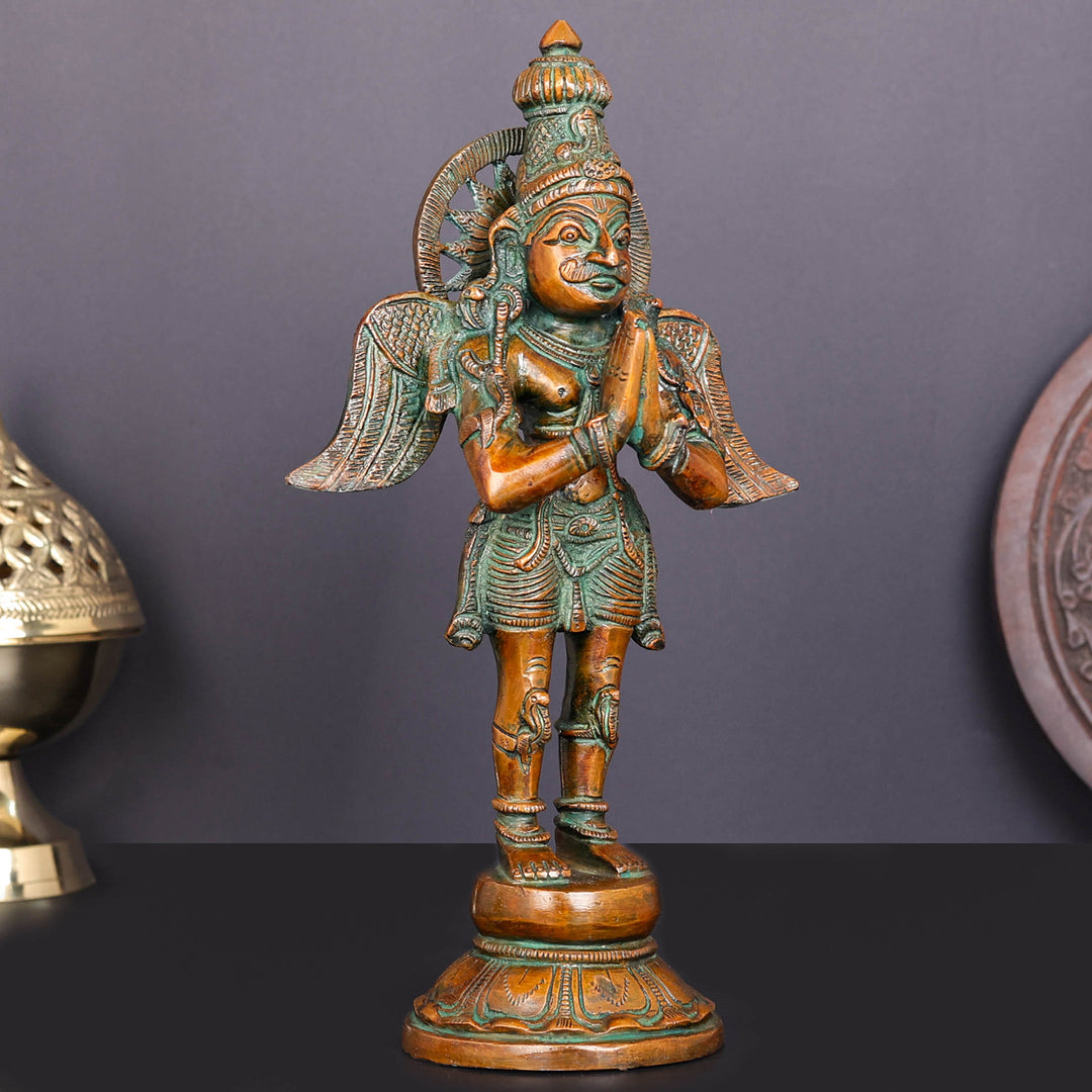 Brass Standing Garuda Idol Vishnu Vahana Orange Patina Finish 12 Inch