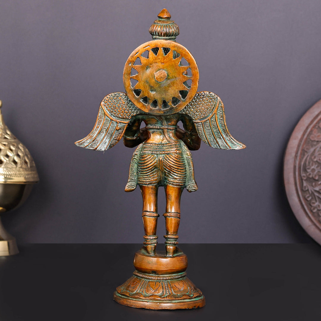 Brass Standing Garuda Idol Vishnu Vahana Orange Patina Finish 12 Inch