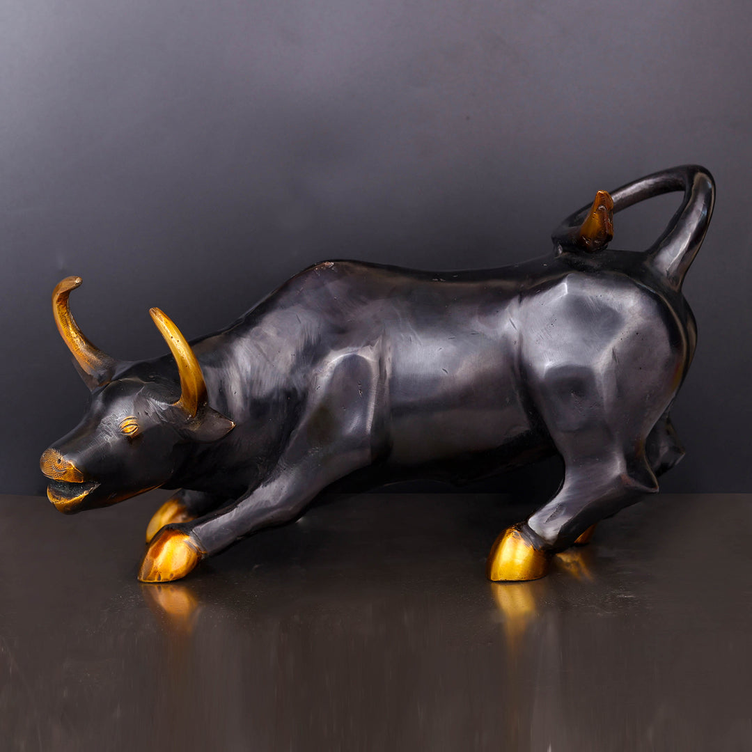 Brass Stock Market Bull Statue Black Patina Finish For Decor Showpiece 12 Inch
