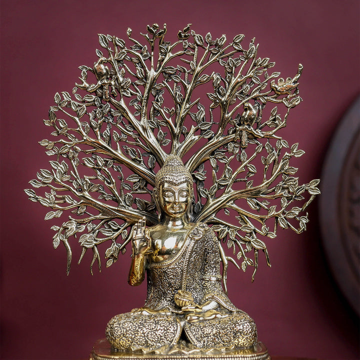 Brass Superfine Buddha Statue With Bodhi Tree 6.2 Inch