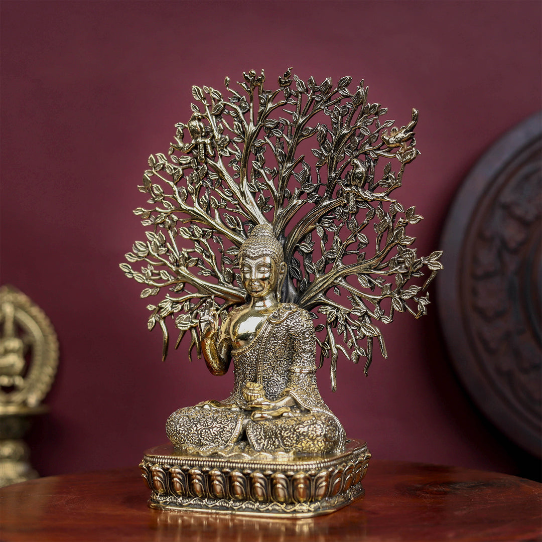 Brass Superfine Buddha Statue With Bodhi Tree 6.2 Inch