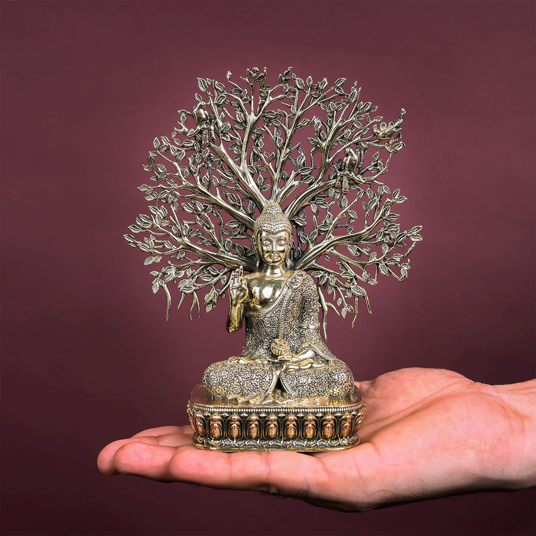 Brass Superfine Buddha Statue With Bodhi Tree 6.2 Inch