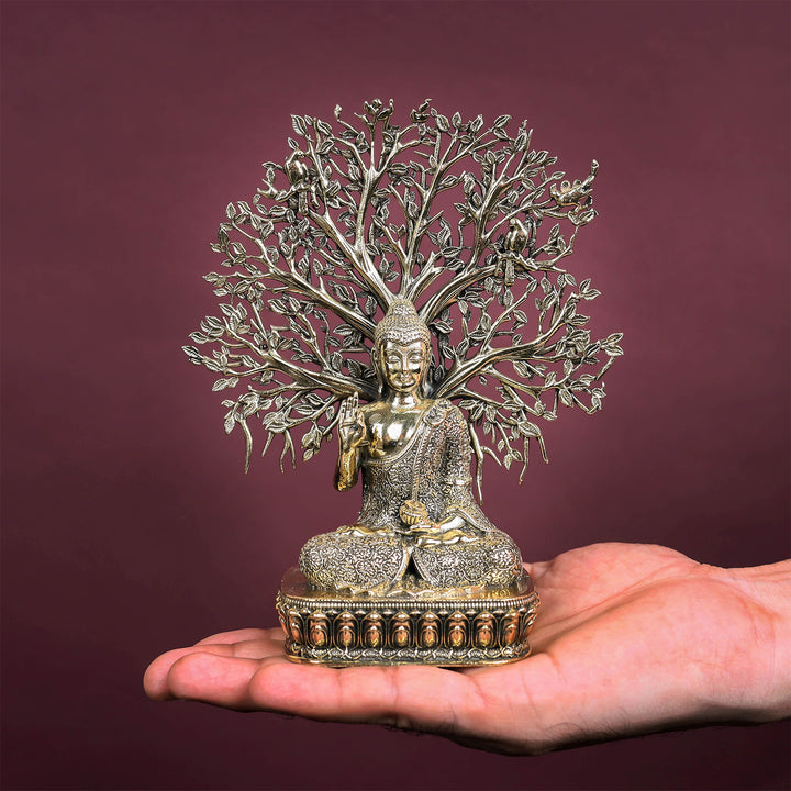 Brass Superfine Buddha Statue With Bodhi Tree 6.2 Inch