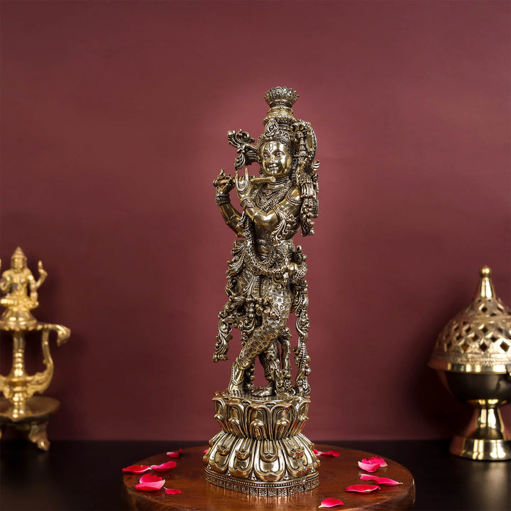 Brass Antique Lord Krishna Idol 11"