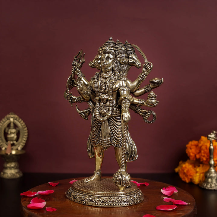 Brass Superfine Standing Panchmukhi Hanuman Idol 8 Inch