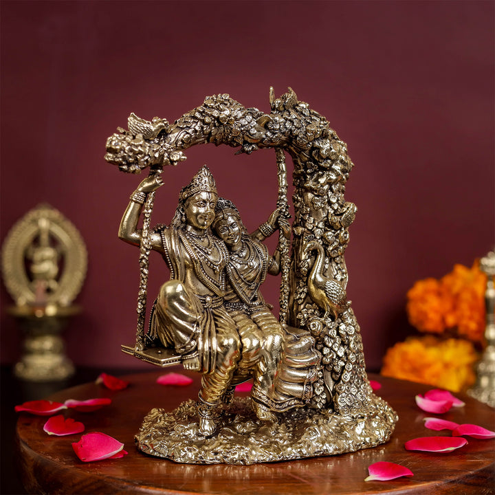 Brass Superfine Radha Krishna Idols On Swing For Home Decor 6 Inch