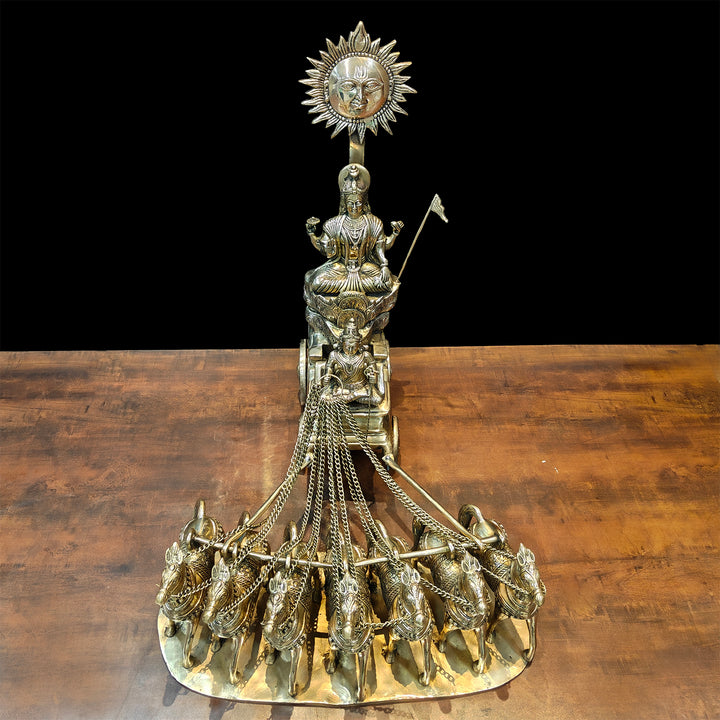 Brass Big Surya Rath With Seven Horses Golden Finish 27 Inches