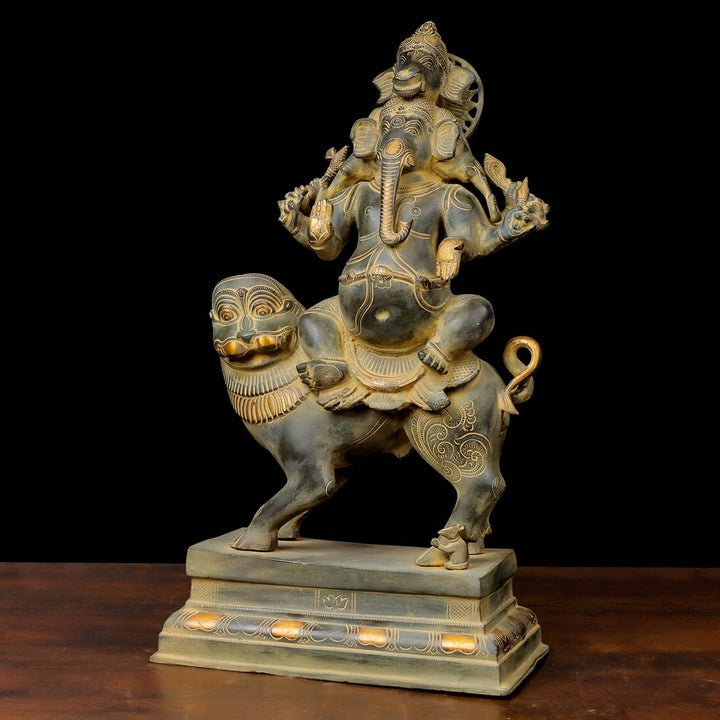 Brass Heramba Ganesha Seated on Lion Green Patina Finish 22 Inch
