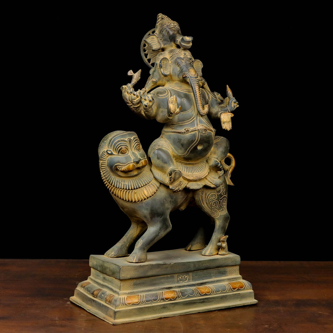 Brass Heramba Ganesha Seated on Lion Green Patina Finish 22 Inch