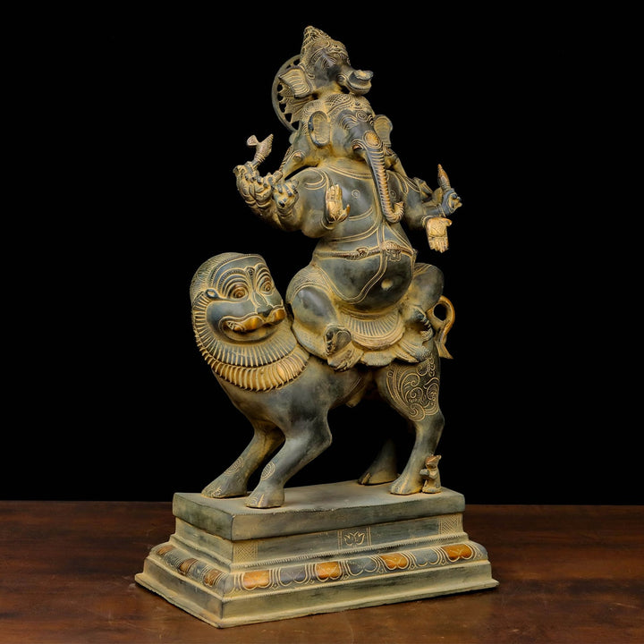 Brass Heramba Ganesha Seated on Lion Green Patina Finish 22 Inch