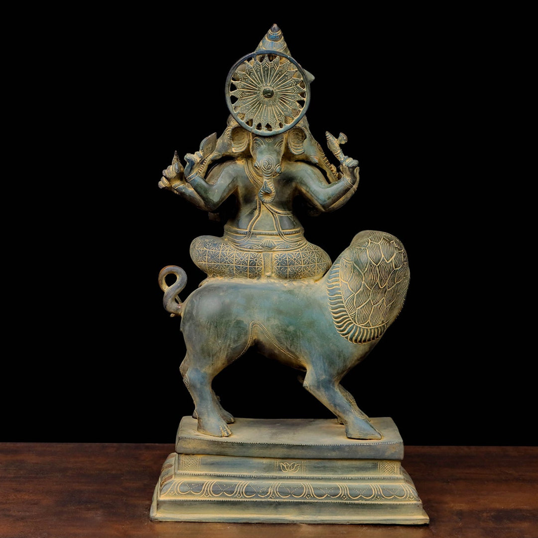 Brass Heramba Ganesha Seated on Lion Green Patina Finish 22 Inch