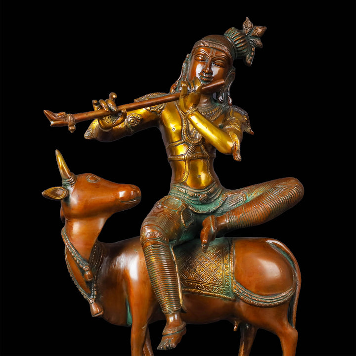 Brass Vintage Krishna Idol Seated On Cow Orange Patina Finish 21 Inch
